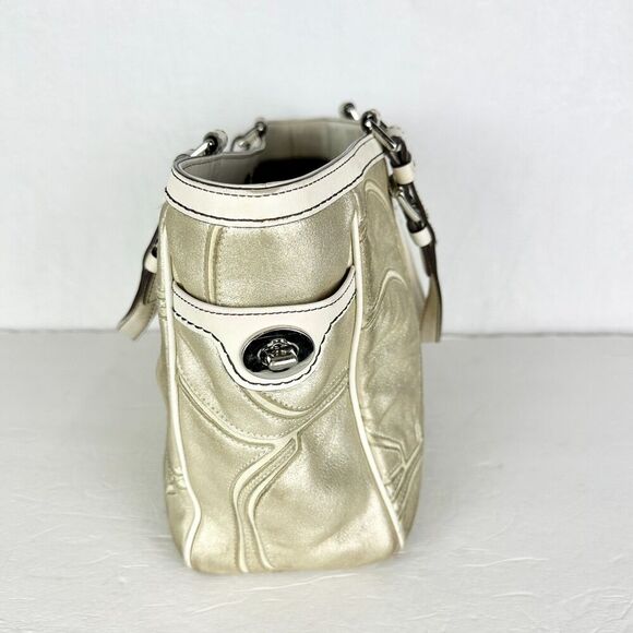 Coach Gallery Outline Metallic Leather Tote Purse Champagne Gold Signature Logo - Picture 3 of 10